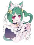  1girl animal_ears apron bell black_choker blush cat_ears cat_tail choker green_hair hands_up heart heart_hands heart_tail jingle_bell jjuu0105 kiratto_pri_chan looking_at_viewer maid maid_headdress midorikawa_sara open_mouth pink_eyes pretty_series puffy_short_sleeves puffy_sleeves short_hair short_sleeves shy simple_background smile solo sparkle sweater tail upper_body white_background wrist_cuffs 