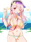  1girl beach bikini breasts cellphone cleavage cowboy_shot food headphones highres holding holding_phone large_breasts long_hair nitroplus one_eye_closed outstretched_arm phone pink_eyes pink_hair popsicle selfie smartphone solo super_sonico swimsuit taking_picture wanaca 
