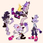  1girl absurdres animal_ears bandaged_hand bandages blaze_the_cat cat_ears cat_girl cat_tail crop_top fire forehead_jewel furry furry_female highres midriff multiple_views pink_footwear ponytail purple_fur simple_background sonic_(series) sportswear tail yellow_eyes yurnsfw 