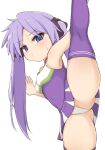  1girl arm_support arm_up armpits ass breasts cheerleader clothes_lift flexible highres hiiragi_kagami holding_leg kneepits leaning_to_the_side leg_hold leg_lift leg_up legs long_hair looking_at_viewer lucky_star miniskirt nicomi-chan panties purple_eyes purple_hair purple_shirt purple_skirt purple_thighhighs ribbon shirt skirt skirt_lift solo split standing standing_on_one_leg standing_split thighhighs thighs twintails underwear white_panties 