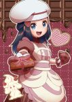  1girl :d absurdres alcremie alcremie_(strawberry_sweet) apron black_hair box buttons chef_hat clenched_hand commentary_request dawn_(palentine&#039;s_2021)_(pokemon) dawn_(pokemon) dress eyelashes gift gift_box grey_eyes hair_ornament hairclip happy hat highres long_hair looking_at_viewer official_alternate_costume open_mouth oven_mitts pokemon pokemon_masters_ex red_dress refisa ribbon short_sleeves sidelocks smile tongue white_headwear 