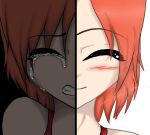  1girl bare_shoulders black_background blush clenched_teeth closed_eyes crying english_commentary highres orange_hair panda-chan164 red_shirt shirt short_hair smile solo split_theme tears teeth white_background 