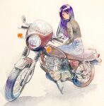  1girl black_jacket blue_pants bright_pupils closed_mouth denim jacket jeans leather leather_jacket long_hair long_sleeves looking_at_viewer looking_back motor_vehicle motorcycle original painting_(medium) pants purple_eyes purple_hair shadow simple_background sitting solo srnmomo traditional_media watercolor_(medium) white_pupils yellow_background 