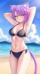  1girl absurdres animal_ears aoi_zerii armpits arms_behind_head arms_up beach bikini black_bikini blue_sky breasts cat_ears cat_girl cat_tail cleavage closed_mouth cloud collarbone day green_eyes highres hololive large_breasts looking_at_viewer navel ocean outdoors purple_hair sand short_hair sky solo stomach swimsuit tail tokoyami_towa virtual_youtuber 