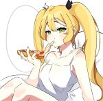  1girl alternate_costume blonde_hair camisole collarbone dokibird_(vtuber) eating food green_eyes highres holding holding_food holding_pizza indie_virtual_youtuber long_hair looking_at_viewer pizza pizza_slice simple_background sitting solo twintails upper_body white_background white_camisole xinchi 