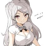  1girl absurdres bigkwl blush breasts brown_eyes cleavage cleavage_cutout clothing_cutout conte_di_cavour_(kancolle) conte_di_cavour_nuovo_(kancolle) corset dated dress frilled_dress frills grey_dress grey_hair highres kantai_collection large_breasts layered_dress long_hair looking_at_viewer short_sleeves signature simple_background smile solo two-tone_dress two_side_up upper_body white_background white_dress 