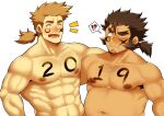  2019 2boys abs absurdres arm_on_shoulder armpit_hair bara beard belly blush bodypaint brown_hair chest_hair completely_nude dark-skinned_male dark_skin facial_hair forked_eyebrows fujimachine_(clayten) highres large_pectorals light_brown_hair long_sideburns male_focus mature_male multiple_boys muscular muscular_male navel navel_hair nipples nude original out-of-frame_censoring pectorals plump short_hair sideburns stomach stubble thick_eyebrows tied_hair 