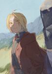  2boys absurdres ahoge alphonse_elric armor blonde_hair blue_sky braid braided_ponytail brothers closed_mouth coat day edward_elric fishdry full_armor fullmetal_alchemist grass hair_intakes helmet highres long_hair looking_at_another male_focus multiple_boys out_of_frame outdoors parted_bangs red_coat shade shirt siblings signature single_braid sky smile solo_focus upper_body yellow_eyes 