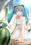  1boy 1girl absurdres all_fours aqua_bikini aqua_eyes aqua_hair ball beach beachball bikini blue_sky breasts cloud day diving_mask diving_mask_on_head food front-tie_bikini_top front-tie_top fruit goggles goggles_on_head hatsune_miku highres horizon kagamine_len ocean outdoors palm_tree side-tie_bikini_bottom sky small_breasts solo_focus spring_onion striped_bikini striped_clothes swimsuit taka.yana tongue tongue_out tree twintails vocaloid watermelon 