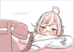  1girl ahoge antique_phone aqua_bow bow covering_own_mouth double_bun dress_shirt glasses hair_bun kantai_collection makigumo_(kancolle) phone pink_hair rotary_phone shirt simple_background sleeves_past_fingers sleeves_past_wrists solo tamaki. twintails upper_body white_background white_shirt yellow_eyes 