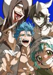  1girl 3boys absurdres bleach blue_background blue_eyes blue_hair child closed_mouth eyepatch green_eyes grimmjow_jaegerjaquez grin highres jacket looking_at_viewer multiple_boys nelliel_tu_odelschwanck nnoitra_gilga open_clothes open_jacket short_hair simple_background smile spiked_hair teeth tongue tongue_out ulquiorra_cifer v xi_luo_an_ya 