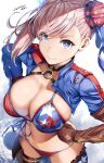  1girl absurdres american_flag_bikini asymmetrical_gloves bangs banned_artist belko bikini blue_eyes blue_jacket blush breasts brown_gloves bun_cover choker cleavage collarbone commentary_request cropped_jacket fate/grand_order fate_(series) fingerless_gloves flag_print gloves hair_bun hair_ribbon highres jacket large_breasts long_hair long_sleeves looking_at_viewer miyamoto_musashi_(fate) miyamoto_musashi_(swimsuit_berserker)_(fate) pink_hair revision ribbon shrug_(clothing) side_bun solo swept_bangs swimsuit thighhighs thighs 