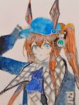  1girl absurdres amiya_(arknights) animal_ears arknights ascot blue_ascot blue_collar blue_eyes blue_headwear blurry brown_hair chinese_commentary cihaochabuduoyizuofei collar depth_of_field ears_through_headwear hair_between_eyes hand_on_headwear hat headphones highres jacket long_hair long_sleeves looking_at_viewer official_alternate_costume open_clothes open_jacket painting_(medium) parted_lips photo_(medium) ponytail rabbit_ears shirt sidelocks simple_background solo traditional_media upper_body watercolor_(medium) white_background white_shirt 