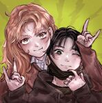  2girls \n/ black_eyes black_hair black_hoodie black_nails collared_shirt commentary ear_piercing earrings english_commentary green_background hood hood_down hoodie instagram_username jewelry kininatteru_hito_ga_otoko_ja_nakatta koga_mitsuki kristina_drawing light_brown_hair light_smile looking_at_viewer mask mole mole_under_eye mouth_mask multiple_girls multiple_rings nail_polish one_eye_closed oosawa_aya piercing ring shirt sweater white_shirt 