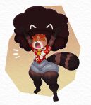 afro ailurid big_breasts big_butt bottomwear breasts brown_body brown_fur butt cheering clothed clothing eyewear fur gambaina_(character) glasses hi_res male mammal open_mouth purple_yoshi_draws red_panda simple_background smile solo tail teapot_(body_type) thick_thighs wide_hips