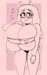 anthro areola belt belt_bra big_breasts breasts butt_from_the_front clothing cricetid emanata eyewear female glasses hair hamster hi_res huge_breasts hyper hyper_breasts lewd_dorky long_hair mammal monochrome motion_lines panties rodent simple_background smile solo top_heavy underwear