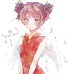  1girl 2019 angel_wings bare_arms blue_eyes blush breasts brown_hair china_dress chinese_clothes closed_mouth crescent dated double_bun dress feathered_wings flower hair_bun hair_flower hair_ornament highres looking_at_viewer medium_breasts original purple_eyes red_dress short_hair simple_background sleeveless sleeveless_dress solo srnmomo star_(symbol) upper_body white_background white_wings wings yellow_flower 