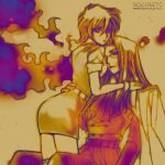  2girls androgynous artist_name ascot breasts coat coat_on_shoulders glasses gloves hellsing highres integra_hellsing kneeling limited_palette long_hair medium_breasts miniskirt multiple_girls seras_victoria short_hair sitting skirt toshimichi_yukari web_address 