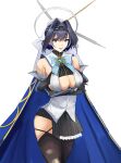  1girl arms_under_breasts bangs bare_shoulders black_gloves black_hair black_legwear blue_cape blue_eyes bow bow_earrings bowtie breasts cape cleavage_cutout clock_hands clothing_cutout cowboy_shot crossed_arms dark_blue_hair detached_sleeves earrings gloves hair_intakes head_chain highres hololive hololive_english jewelry large_breasts mechanical_halo memory342 miniskirt open_mouth ouro_kronii short_hair simple_background skindentation skirt solo teeth thighhighs veil virtual_youtuber white_background 