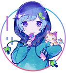  1boy animal_on_shoulder blue_hoodie candy cat commentary_request cropped_torso drawstring food hair_ornament hand_up highres holding holding_candy holding_food holding_lollipop hood hood_up hoodie kiato leaf_hair_ornament licking lollipop long_sleeves looking_at_viewer mahito-kun male_focus purple_eyes real_life short_hair smile solo sparkle star_(symbol) tongue tongue_out upper_body white_background 