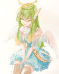  1girl angel angel_wings bare_shoulders between_legs black_thighhighs blue_dress brown_thighhighs closed_mouth dress feathered_wings frilled_dress frills green_eyes green_hair hair_between_eyes halo hand_between_legs highres long_hair looking_at_viewer multicolored_hair original painting_(medium) puffy_sleeves see-through see-through_sleeves short_sleeves sidelocks simple_background sitting smile solo srnmomo thighhighs traditional_media watercolor_(medium) white_background white_wings wing_hair_ornament wings 