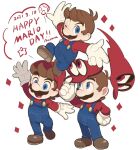  1boy :d ;d adjusting_clothes adjusting_headwear arm_up artist_name blue_eyes blue_overalls blue_pants brown_footwear brown_hair cappy_(mario) commentary dated facial_hair gloves hand_up hat highres holding holding_clothes holding_hat long_sleeves looking_at_viewer looking_up male_focus mario mario_(series) mario_day multiple_views mustache nonana_(galaxycat89p13) one_eye_closed open_mouth overalls pants red_headwear red_shirt shirt shoes short_hair signature simple_background smile standing super_mario_odyssey super_mushroom super_star_(mario) symbol-only_commentary waving white_background white_gloves 