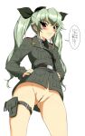  1girl anchovy_(girls_und_panzer) anzio_military_uniform artist_request belt biting_own_lip blush bottomless censored dress_shirt drill_hair embarrassed from_below girls_und_panzer hands_on_own_hips highres holster jacket long_hair long_sleeves looking_down military military_uniform necktie no_panties non-web_source pussy ribbon sam_browne_belt shirt solo source_request standing sweatdrop tears thigh_strap twin_drills twintails uniform 