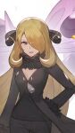  1girl black_coat black_pants black_shirt blonde_hair breasts cleavage coat commentary_request cynthia_(pokemon) eyelashes fur-trimmed_coat fur_trim hair_ornament hair_over_one_eye hand_on_hip highres long_hair long_sleeves looking_at_viewer odd_(hin_yari) pants pokemon pokemon_(game) pokemon_dppt shirt smile solo_focus 