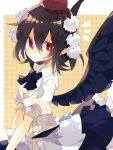  1girl black_bow black_bowtie black_skirt black_wings bow bowtie brown_hair feathered_wings hat highres looking_at_viewer medium_hair nikorashi-ka notice_lines pointy_ears pom_pom_(clothes) red_eyes red_headwear shameimaru_aya shirt short_sleeves skirt solo tokin_hat touhou upper_body white_shirt wings yellow_background 