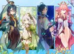  1boy 3girls absurdres ahoge aiwo_o_lite animal_ears bare_legs bare_shoulders black_gloves breasts chinese_clothes cleavage earrings elbow_gloves fox_ears fox_girl genshin_impact glasses gloves green_eyes green_hair grey_hair hair_ornament highres japanese_clothes jewelry long_hair looking_at_viewer looking_back mask miko multicolored_hair multiple_girls nahida_(genshin_impact) necklace pink_hair pointy_ears ponytail purple_eyes ribbon short_hair sitting smile standing standing_on_one_leg xianyun_(genshin_impact) xiao_(genshin_impact) yae_miko yellow_eyes 