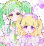 2girls blonde_hair bow braid braided_bangs breasts center_frills commentary_request falala_a_larm frills green_bow green_hair hair_bow head_chain holding_hands idol_time_pripara jjuu0105 korean_commentary long_hair looking_at_another looking_back maid_headdress medium_breasts multiple_girls open_mouth pink_bow pretty_series pripara purple_eyes ringlets small_breasts smile summer_maid_coord twintails two_side_up upper_body white_bow wrist_cuffs yellow_eyes yumekawa_yui 