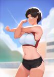  1girl absurdres black_hair black_shorts blue_sky blurry blurry_background breasts brown_eyes closed_mouth cloud commentary_request cowboy_shot day depth_of_field highres large_breasts linea_alba looking_at_viewer midriff moebell navel original outdoors short_hair short_shorts shorts sky smile solo sports_bra standing stretch tan tanlines tomboy 