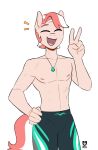 anthro clothed clothing coral_reef_(oc) earth_pony equid equine fan_character gesture hair hand_gesture hasbro hi_res horse jewelry male mammal multicolored_hair my_little_pony necklace open_mouth open_smile pony redxbacon simple_background smile swimming_trunks swimwear topless two_tone_hair two_tone_tail v_sign white_background