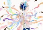  1boy abstract absurdres arm_at_side bare_arms black_hair blue_hair blue_pants child closed_mouth hand_up highres male_focus multicolored_wings original painting_(medium) pants profile shirt short_hair short_sleeves solo srnmomo traditional_media upper_body watercolor_(medium) white_background white_shirt wings 