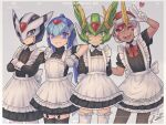  1girl 3boys apron black_dress black_pantyhose black_thighhighs blue_eyes blue_headwear dark-skinned_male dark_skin dress eye_mask facial_mark fairy_leviathan_(mega_man) fang fighting_fefnir_(mega_man) fins forehead_jewel green_eyes green_headwear head_fins head_wings heart helmet hidden_phantom_(mega_man) highres horns maid maid_apron mechanical_wings mega_man_(series) mega_man_zero_(series) multiple_boys nervous one_eye_closed pantyhose purple_headwear red_eyes red_headwear sage_harpuia_(mega_man) signature simple_background suama-yuki thighhighs v white_thighhighs wings 