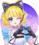  1girl :3 animal_ear_headphones animal_ears black_gloves blonde_hair blue_choker blue_eyes blue_shirt blunt_bangs blush cat_ear_headphones choker commentary_request cone_hair_bun double_bun fake_animal_ears gloves hair_bun hands_up headphones heart heart_hands jjuu0105 korean_commentary looking_at_viewer minami_mirei one_eye_closed pretty_series pripara shirt short_hair smile solo star_(symbol) tongue tongue_out upper_body 