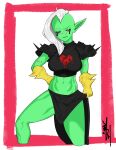 alien alien_humanoid athletic athletic_female athletic_humanoid bottomwear breasts changbae clothed clothing disney eyebrows female fingers freckles gloves green_body green_skin hair handwear hi_res humanoid humanoid_pointy_ears long_hair lord_dominator midriff narrowed_eyes not_furry pink_sclera signature solo standing topwear wander_over_yonder white_hair