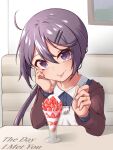  1girl absurdres akebono_(kancolle) hair_ornament hairclip highres holding holding_spoon jewelry kantai_collection long_hair long_sleeves parfait purple_eyes purple_hair ring side_ponytail smile solo spoon tongue tongue_out upper_body very_long_hair wedding_band yuki_to_hana 