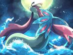  commentary_request forked_tail full_moon highres milotic moon night night_sky no_humans ohayou_milk outdoors pokemon pokemon_(creature) red_eyes scales sky splashing tail water 