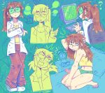  1girl ? alarm_clock barefoot chair clock coat commentary crop_top crossed_arms english_commentary from_behind full_body glasses graskip green_background hand_on_own_head highres keyboard_(computer) lab_coat long_hair looking_at_viewer messy_hair midriff monitor multiple_views on_bed original panties pants pillow ponytail red_hair red_pants shirt sitting speech_bubble squinting standing tank_top tinted_eyewear underwear upper_body wariza white_coat yellow_shirt yellow_tank_top 