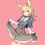  1girl :/ animal_ears blue_eyes blush breasts capelet closed_mouth colored_inner_hair copyright_request cowboy_shot dress fox_ears gloves grey_capelet grey_dress grey_neckwear grey_ribbon hair_intakes kagawa_ichigo legs_together long_hair looking_at_viewer multicolored_hair neck_ribbon original pink_background purple_hair ribbon simple_background skirt_hold small_breasts solo white_gloves wrist_cuffs 