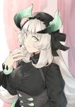  1girl absurdres black_dress black_headwear blurry blurry_background breasts chamber_dragonmaid dragon_girl dragon_horns dress green_eyes highres horns large_breasts long_hair looking_at_viewer maid meshida_(lux-far-accelerator) solo upper_body white_hair yu-gi-oh! 