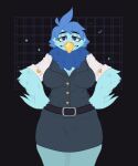 anthro avian beak bird blue_body blue_hair bottomwear breasts clothed clothing digital_media_(artwork) feathers female hair hi_res looking_at_viewer martlet_(undertale_yellow) office_clothing skirt solo stardustspears undertale_yellow winged_arms wings
