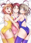  3girls absurdres ahoge asymmetrical_docking blue_eyes blue_one-piece_swimsuit blue_thighhighs braid breast_press breasts brown_hair clover_hair_ornament competition_swimsuit cowboy_shot hair_ornament highres hug large_breasts long_hair love_live! love_live!_sunshine!! lying mibushiro multiple_girls one-piece_swimsuit open_mouth pink_one-piece_swimsuit pink_thighhighs red_hair ribbon sakurauchi_riko short_hair side-tie_swimsuit side_braid smile swimsuit symmetrical_docking takami_chika teeth thighhighs twintails upper_teeth_only watanabe_you yellow_eyes yellow_one-piece_swimsuit yellow_ribbon yellow_thighhighs 