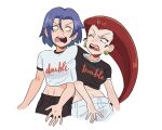  1boy 1girl blue_eyes blue_hair blush crop_top exasperation frown green_eyes highres james_(pokemon) jessie_(pokemon) kiana_mai open_mouth pokemon pokemon_(anime) red_hair shirt t-shirt team_rocket 