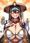  1girl absurdres bangs bead_necklace beads bikini breasts bridal_gauntlets brown_hair cleavage coffeelove68 collarbone commentary_request fate/grand_order fate_(series) grin hair_between_eyes highres ichimegasa japanese_clothes jewelry kimono large_breasts long_hair long_sleeves looking_at_viewer necklace one_eye_closed orange_sky prayer_beads purple_eyes sky smile solo swimsuit white_bikini white_kimono xuangzang_sanzang_(fate) 