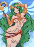  1girl breasts green_eyes green_hair highres kid_icarus long_hair looking_at_viewer palutena parted_bangs pixel_art solo underboob very_long_hair yumykon 