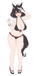  1girl animal_ears bikini black_bikini black_hair blush bracelet breasts cleavage collarbone flip-flops horse_ears horse_girl horse_tail jewelry kannko_bokujou kitasan_black_(umamusume) large_breasts looking_at_viewer navel open_mouth red_eyes sandals smile solo swimsuit tail umamusume unfinished white_hair 