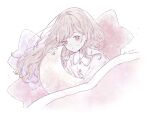  1girl blanket blush brown_hair buttons collared_shirt crescent crying holding kotono_n0 long_hair long_sleeves looking_at_viewer moon original pajamas pale_color parted_lips pastel_colors pillow shirt simple_background solo star_(symbol) tears under_covers upper_body white_background white_shirt 