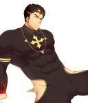  1boy absurdres bara black_bodysuit bodysuit bulge covered_abs facial_hair feet_out_of_frame fujimachine_(clayten) highres hip_vent large_pectorals looking_to_the_side male_focus mature_male muscular muscular_male pectorals short_hair sideburns solo spread_legs stubble thick_thighs thighs tokyo_afterschool_summoners zabaniya_(housamo) 